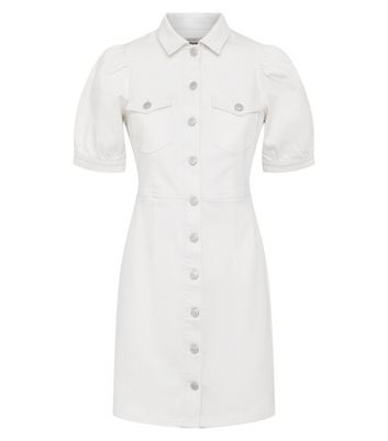White Denim Puff Sleeve Mini Dress ...